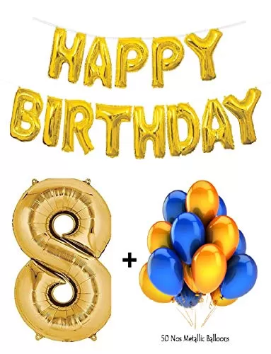 Number 8 Gold Foil Balloon & Happy Brthday Banner