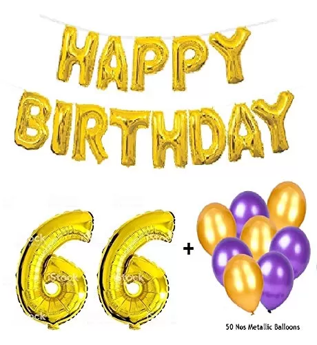 Number 66 Gold Foil Balloon and 50 Nos Purple and Gold Color Latex Balloon and Happy Brthday Gold Foil Balloon Combo