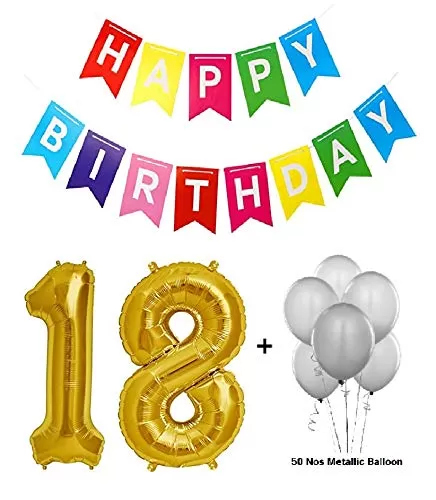 Number 18 Gold Foil Balloon and 50 Nos Silver Color Latex Balloon and Happy Brthday Banner Combo