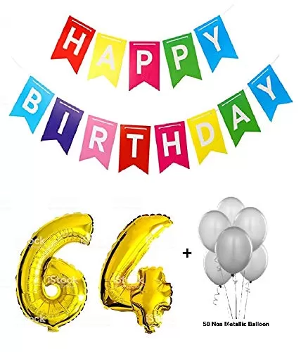 Number 64 Gold Foil Balloon & Happy Brthday Banner