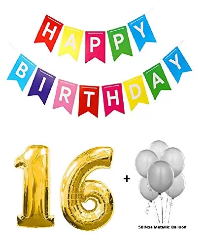 Number 16 Gold Foil Balloon & Happy Brthday Banner