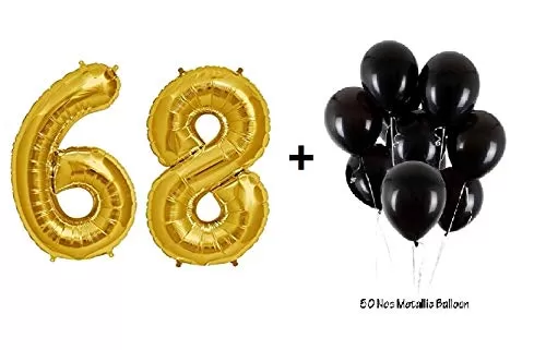Number 68 Gold Foil Balloon and 50 Nos Black Color Latex Balloon Combo