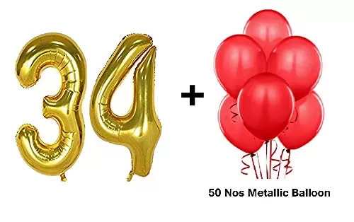 Number 34 Gold Foil Balloon and 50 Nos Red Color Latex Balloon Combo
