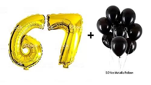Number 67 Gold Foil Balloon and 50 Nos Black Color Latex Balloon Combo