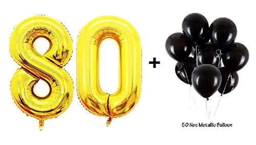 Number 80 Gold Foil Balloon and 50 Nos Black Color Latex Balloon Combo