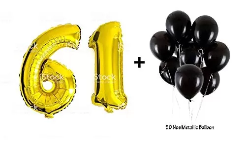 Number 61 Gold Foil Balloon and 50 Nos Black Color Latex Balloon Combo