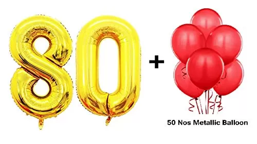 Number 80 Gold Foil Balloon and 50 Nos Red Color Latex Balloon Combo