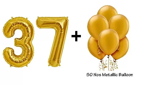Number 37 Gold Foil Balloon and 50 Nos Gold Color Latex Balloon Combo