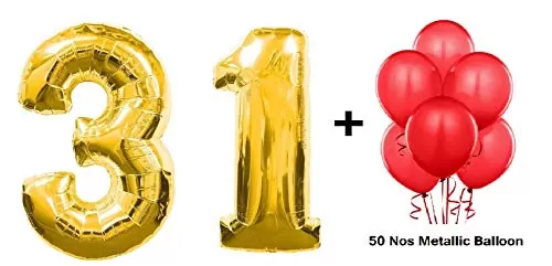 Number 31 Gold Foil Balloon and 50 Nos Red Color Latex Balloon Combo