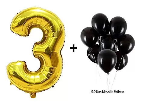 Number 3 Gold Foil Balloon and 50 Nos Black Color Latex Balloon Combo