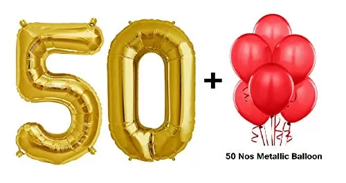Number 50 Gold Foil Balloon and 50 Nos Red Color Latex Balloon Combo