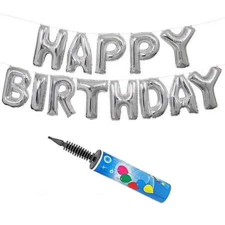 Happy Brthday Banner Foil Balloons Silver (Pack of 13 Letters) + Balloon air Pump