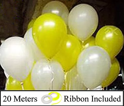 10 Inch (Pack of 50) Metallic Balloons Yellow & White with 20m White Ribbon and Yellow Ribbon for Brthday Decoration Decoration for Weddings Engagement Small Shower 1st Brthday Anniversary Party Theme Party Office Party