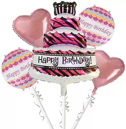 Happy Brthday Foil Balloon for Brthday Party Supplies (Pack of 5) - Pink Cake Pink hert & Pink Round Balloon