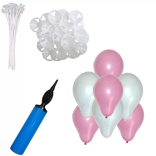 3A Just Flowers Pink and White Metallic 50 Balloons with 50 Balloon Stick Holder and Balloon Pump