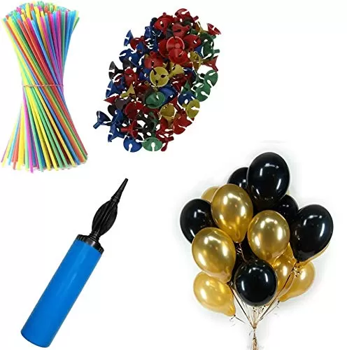 3A Just Flowers Golden and Black Metallic 50 Balloons with 50 Balloon Stick Holder and Balloon Pump (Set of 50)