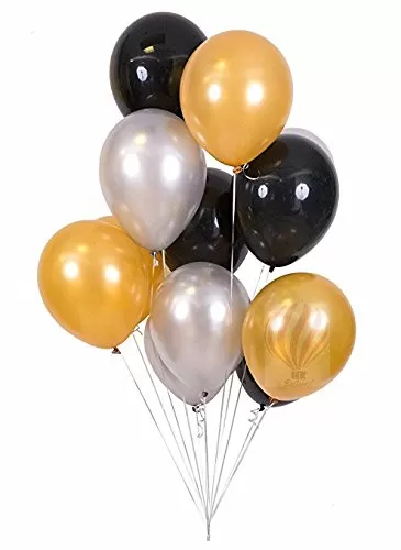 Metallic Brthday Balloons for Decoration (Pack of 50 Black Gold & Silver)