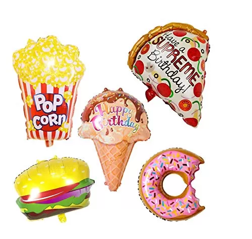 Large Food Foil Balloons (Set of 5) 21 inch - Pizza Burger Ice-Cream Popcorn Donut Party Balloons for Any Office Home Party Decoration Accessory