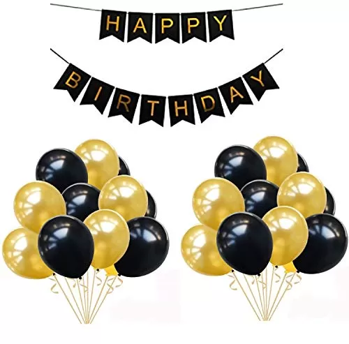 Happy Brthday BlackBanner with 50 pcs Metallic Black Gold Latex Balloons for Brthday Decorations ( Pack of 51)