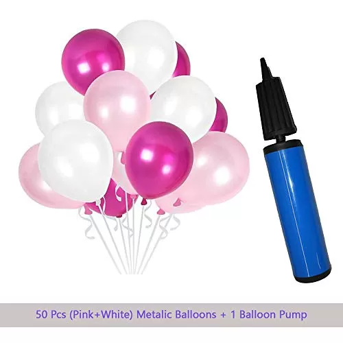 Crafts HD Metallic Balloons (Pink/White) 50pcs with 1 Handheld Balloon Pump