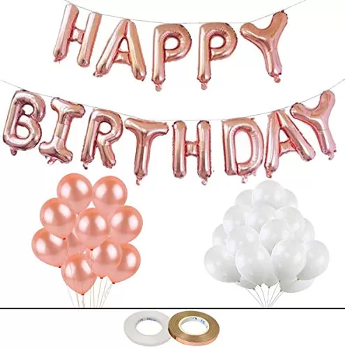 Happy Brthday Letter Foil Balloons Set Decoration Combo with 50 Metallic Balloons Brthday Balloons for Decoration - Rose Gold