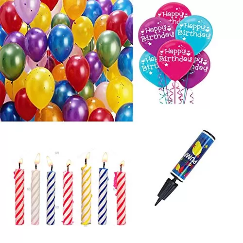 Metallic HD Balloons+Brthday Printed Balloons+Candle+ 1 Air Pump 96 PCs Brthday Party Combo Set