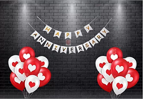 Pack of 51 White Happy AnniversaryBanner with Printed hert red White Balloons for Anniversary Party Decorations