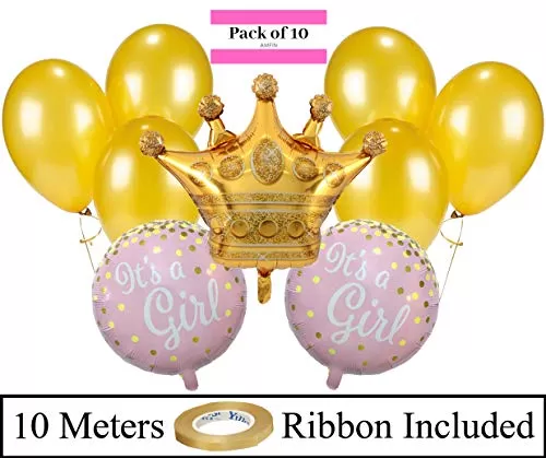 (Pack of 10) Crown Foil Balloon with Metallic Balloons and Round Balloons / Small Shower Foil Balloons / boy or Girl we Love You Small Shower - Pink