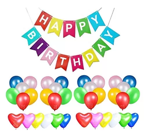 Rainbow Happy Brthday Banner with 25 pcs Metallic & 25 Multicolor hert Shaped Latex Balloons for Brthday Decorations ( Pack of 51)
