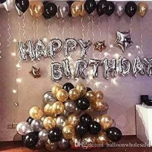 Products Happy Brthday Letter Foil Balloon Set of 13 Letters (Silver) + HD Metallic Finish Balloons (Golden Black Silver) Pack of 30