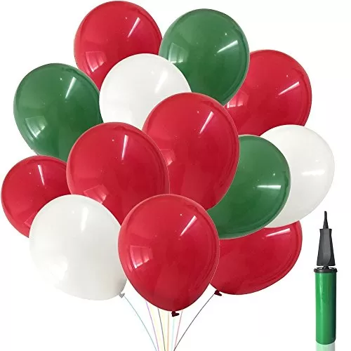Xmas Decorations 100 pcs 12 Inches Party Green Red White Latex with a Hand Held Air Inflator Xmas Balloon (Red White Green Pack of 2)