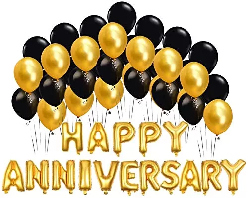 Happy Anniversary Golden Foil Balloon with Metallic Gold and Black Anniversary Decoration Balloons (Gold Black Pack of 66) (Anniversary-Foil -Set)