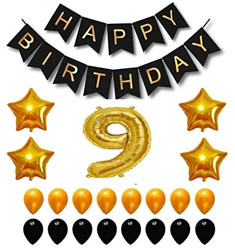 Products Happy Brthday 9th Year Party Balloons Decorations Set(9 Gold Number Foil Balloon+50 Gold & Black Latex Balloon+1 Black Happy Brthday Banner+ 4 Gold Star Foil Balloons)