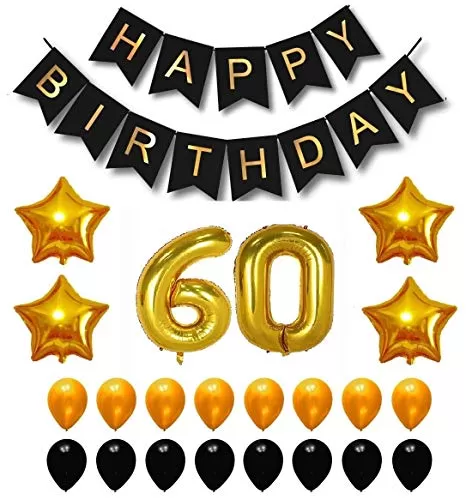 Products Happy Brthday 60th Year Party Balloons Decorations Set(60 Gold Number Foil Balloon+50 Gold & Black Latex Balloon+1 Black Happy Brthday Banner+ 4 Gold Star Foil Balloons)