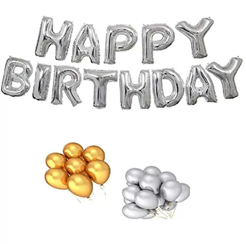 Products Happy Brthday Letter Foil Balloon Set of 13 Letters (Silver) + HD Metallic Finish Balloons (Golden Silver) Pack of 30