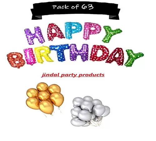 Products Happy Brthday Letter Foil Balloon Set of 13 Letters (Multi Color) + HD Metallic Finish Balloons (Golden Silver) Pack of 60