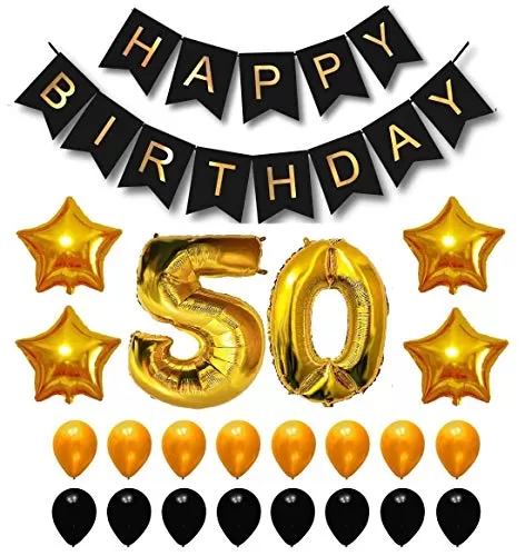 Products Happy Brthday 50th Year Party Balloons Decorations Set(50 Gold Number Foil Balloon+50 Gold & Black Latex Balloon+1 Black Happy Brthday Banner+ 4 Gold Star Foil Balloons)