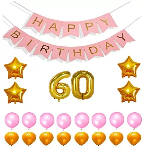 Products Happy Brthday 60th Year Party Balloons Decorations Set(No 60 Gold Foil Balloon+50 Gold & Pink Latex Balloon+1 Pink Happy Brthday Banner+ 4 Gold Star Foil Balloons)