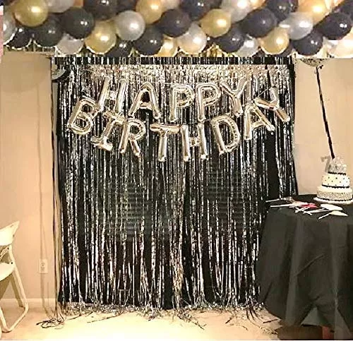 Products Happy Brthday Foil Balloon (Silver) + 2 Pieces Silver Fringe Curtain (3 * 6 Feet) + Pack of 25 Pieces Metallic Balloons (Golden Silver Black)