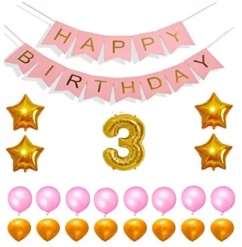 Products Happy Brthday 3rd Year Party Balloons Decorations Set(No 3 Gold Foil Balloon+50 Gold & Pink Latex Balloon+1 Pink Happy Brthday Banner+ 4 Gold Star Foil Balloons)