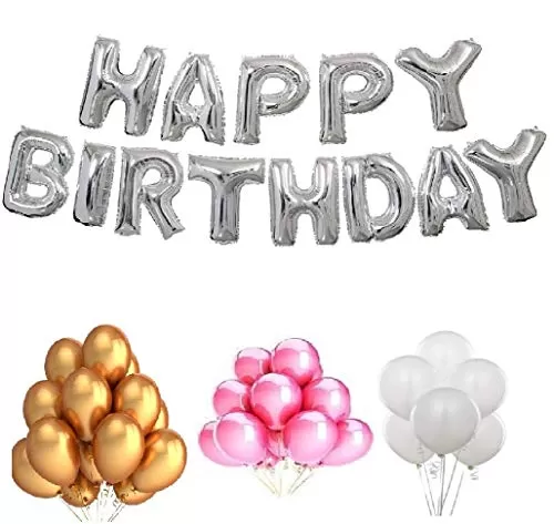 Products Happy Brthday Letter Foil Balloon Set of 13 Letters (Silver) + HD Metallic Finish Balloons (Golden White Pink) Pack of 50