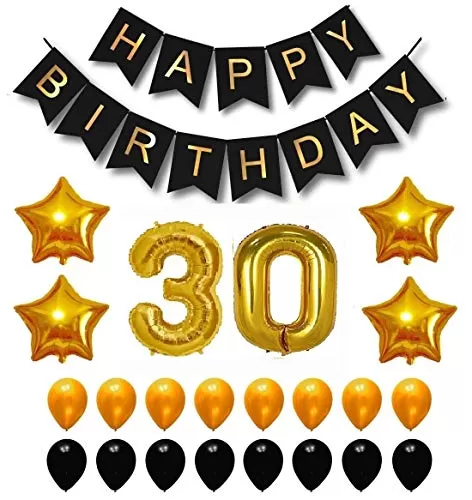 Products Happy Brthday 30th Year Party Balloons Decorations Set(30 Gold Number Foil Balloon+50 Gold & Black Latex Balloon+1 Black Happy Brthday Banner+ 4 Gold Star Foil Balloons)