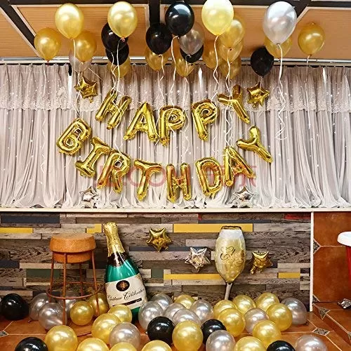 Products Happy Brthday Letter Foil Balloon Set of 13 Letters (Golden) + HD Metallic Finish Balloons (Golden Black Silver) Pack of 30