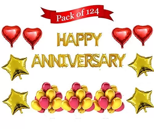 Products Happy Anniversary Letter Foil Balloon Decoration Kit/Set; 16-Inch (Gold); 100 Metallic Balloons (Red; Golden); 4 Star Foil Balloon (Golden); 4 hert Foil Balloon (Red) - 124 Pcs