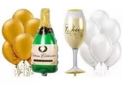 Products HD Metallic Latex Balloons (Golden White) Pack of 50 + 1 Wine Glass + 1 Champagne Bottle Shape Foil Balloons