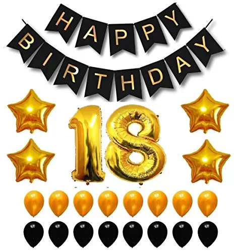 Products Happy Brthday 18th Year Party Balloons Decorations Set(18 Gold Number Foil Balloon+50 Gold & Black Latex Balloon+1 Black Happy Brthday Banner+ 4 Gold Star Foil Balloons)