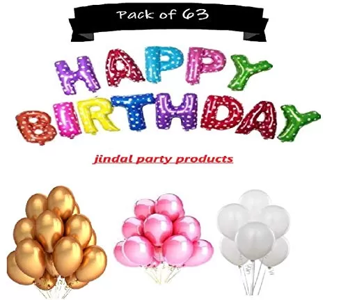 Products Happy Brthday Letter Foil Balloon Set of 13 Letters (Multi Color) + HD Metallic Finish Balloons (Golden White Pink) Pack of 30