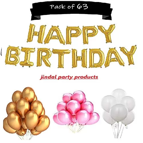 Products Happy Brthday Letter Foil Balloon Set of 13 Letters (Golden) + HD Metallic Finish Balloons (Golden White Pink) Pack of 50