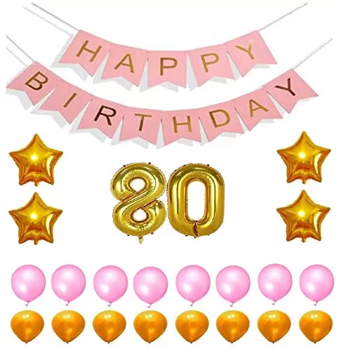 Products Happy Brthday 80th Year Party Balloons Decorations Set(No 80 Gold Foil Balloon+50 Gold & Pink Latex Balloon+1 Pink Happy Brthday Banner+ 4 Gold Star Foil Balloons)
