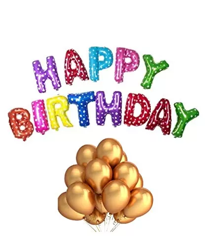 Products Happy Brthday Letter Foil Balloon Set of 13 Letters (Multi Color) + HD Metallic Finish Balloons (Golden) Pack of 50